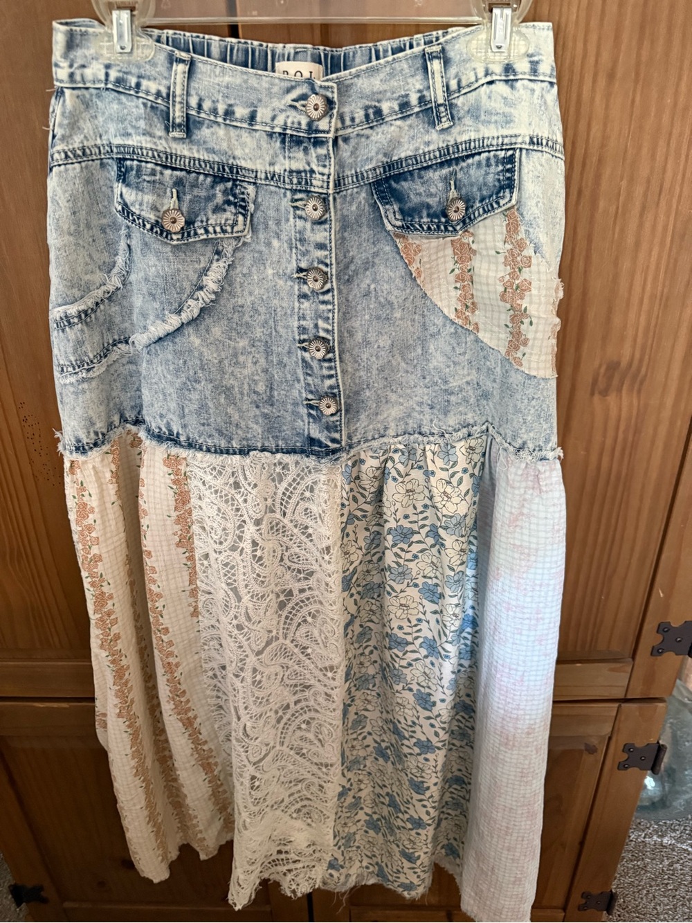 POL Patchwork Maxi Skirt in Light Blue Denim and Cream - Picture 2 of 5
